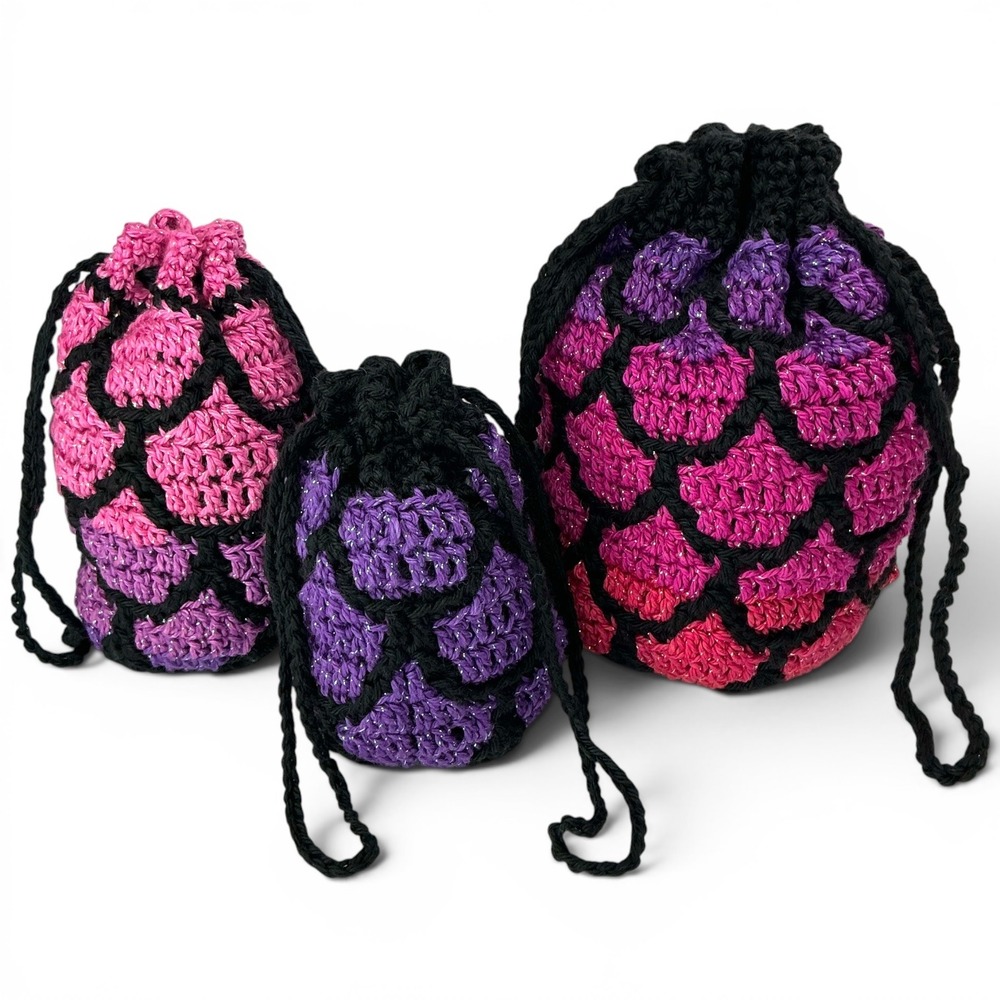 Handmade Pink Purple Dragon Egg Pouch Set Women OS Mosaic Crochet Sparkle 3pc